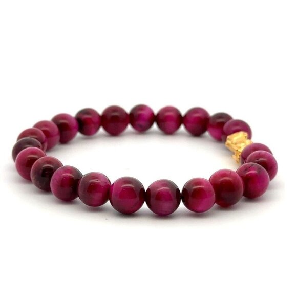 Dyed Tiger's Eye Magenta Stretchable Bracelet Size 6.5 w/ 24K Gold Dragon Fortun - Picture 5 of 8